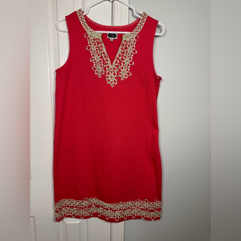 Mud Pie Red Midi Dress with Gold Lace Trim